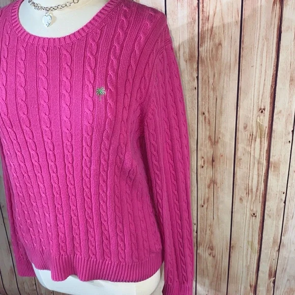 🚫SOLD🚫 Lilly Pulitzer Pink Green Palm Tree Cable Knit Crew Neck Cotton Sweater - Picture 3 of 6
